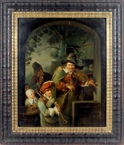 I suonatori, olio su rame, 45,5x37, XVIII secolo, entro cornice.