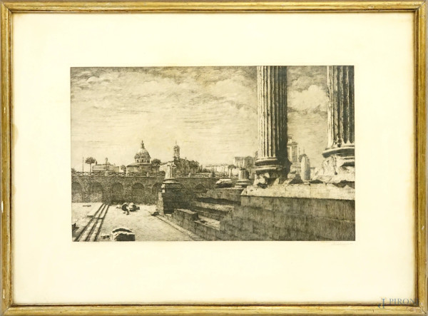 Guido Caraffa - Foro di Augusto, acquaforte, cm 48x68,5, entro cornice