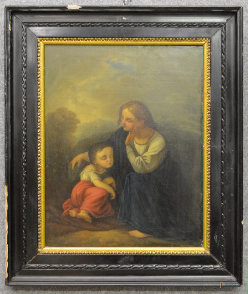 Donna con bambino,olio su tela,48x38 cm, entro cornice,XIX sec.