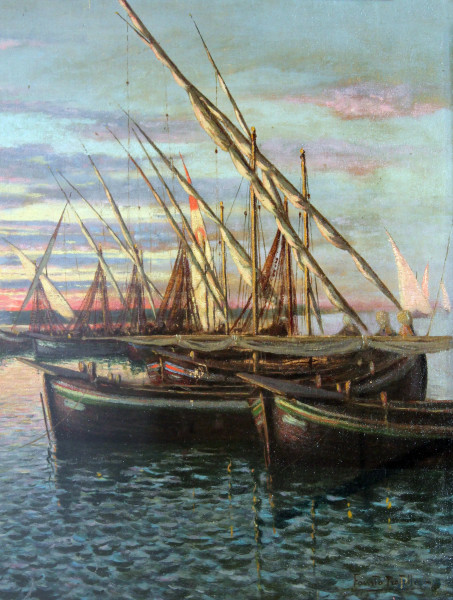 Scorcio di porticciolo con imbarcazioni, olio su tela applicata su cartone, cm 53x42, entro cornice firmato F. Pratella.