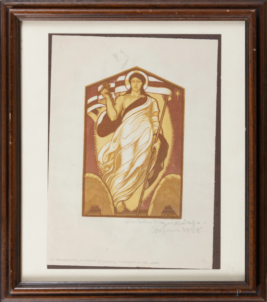 Adolfo de Carolis (1874-1928), Resurrezione, xilografia su carta, cm 35x25, firmato, titolato, dedicato e datato 