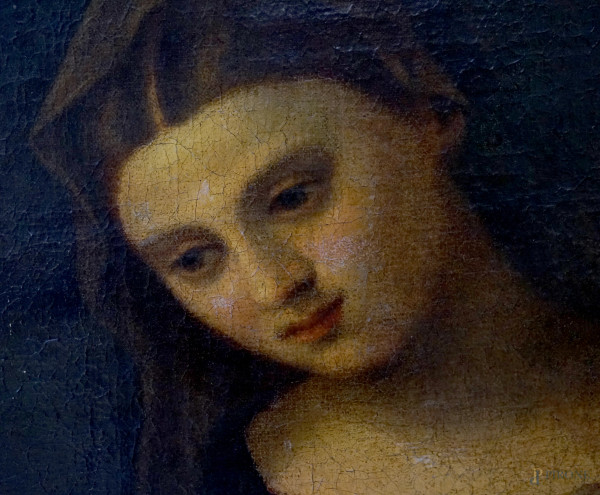 Scuola veneta del XVII secolo, Matrimonio mistico di Santa Caterina, olio su tela, cm 140x149, en...