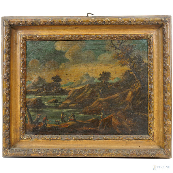 Paesaggio fluviale con figure, olio su tela, XVIII-XIX secolo, cm 36,5x46,5, entro cornice, (difetti)