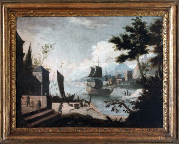 Maestro delle montagne azzurre seguace di, Capriccio, Scorcio di porto, olio su tela, XVIII secolo., cm 69 x 54, entro cornice.