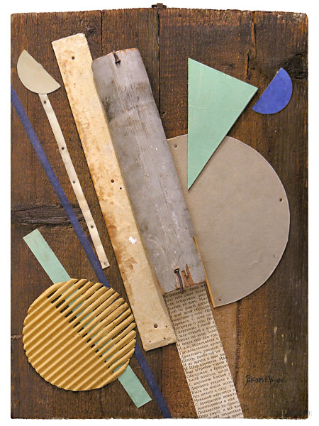 Yakov Orlov - Composizione suprematista polimaterica (legno, cartone e collage), cm 48x32, firmato in basso a destra