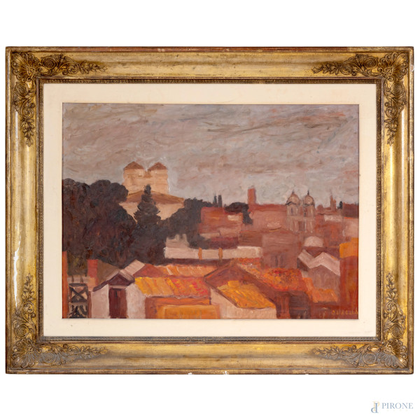 Carlo Quaglia (1903-1970), Scorcio con tetti, olio su compensato, cm 50x70 , firmato in basso, entro cornice