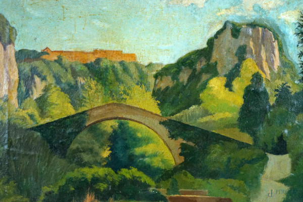 Paesaggio con ponte, olio su tela, cm 56x70, firmato.
