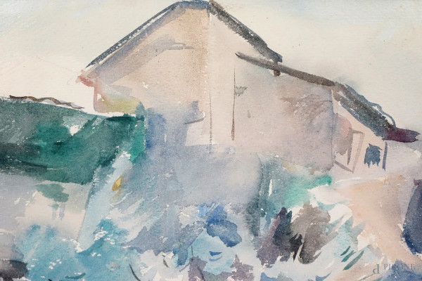 Casolare, acquarello su carta, cm 34,5x48 circa, firma e dedica in basso a destra, entro cornice.