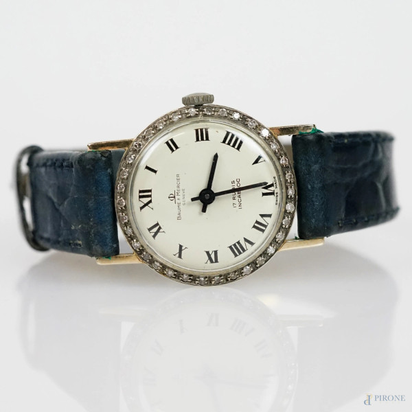 Baume & Mercier, Genève, orologio da polso da donna con cassa in oro bianco 18 KT, diametro cm 2,5, cinturino in pelle non pertinente, (difetti, meccanismo da revisionare)