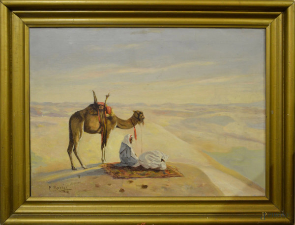 Paesaggio arabo, olio su tela 50x70, entro cornice.
