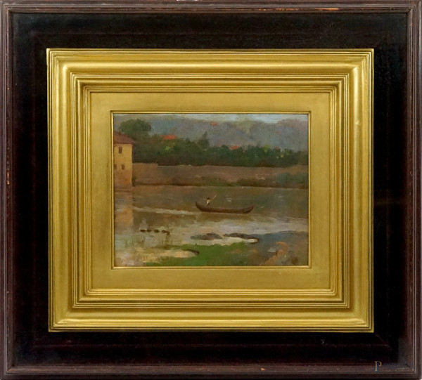 Sull'Arno, olio su cartone, cm 20,5x25,5, firmato a tergo, entro cornice.