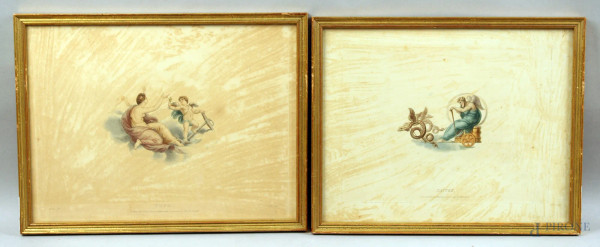 Coppia di stampe colorate raffiguranti divinit&#224; greche, 21x27 cm, primi 900, entro cornici.