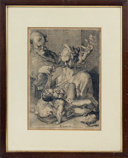 Sacra Famiglia, incisione, cm 33x16,5, inventore Bartholomaeus Spranger (1546-1611), entro cornice.