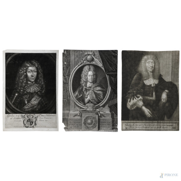 Lotto di tre incisioni raffiguranti due conti elettori e un nobiluomo, XVIII secolo, cm 37x25,  (segni di usura, tracce di umidità, gore, foxing, lacerazioni della carta, tracce di piegatura)