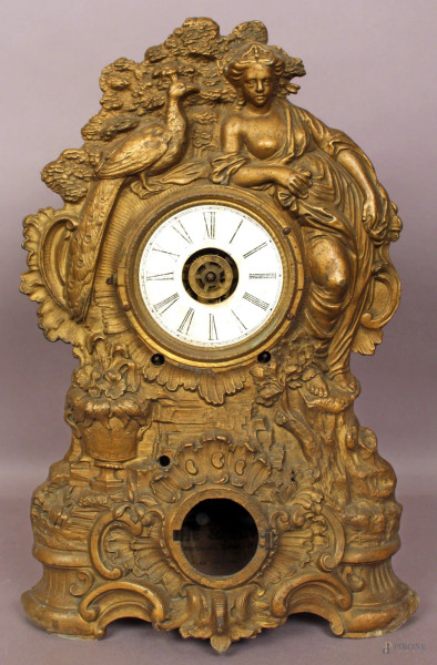 Orologio in metallo sbalzato, primi &#39;900, H 50 cm, (difetti e mancanze).