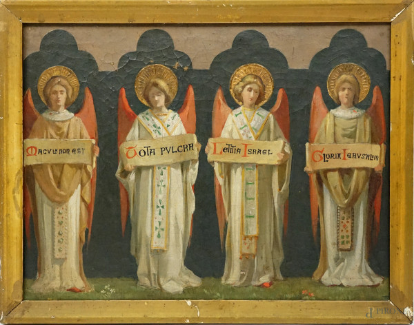 Eugenio Cisterna - Angeli con cartigli recanti versi della preghiera Tota Pulchra es, olio su tela, cm 25x33, entro cornici, (difetti sulla tela).