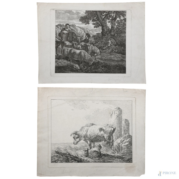 Lotto di due incisioni raffiguranti armenti, XIX-XX secolo, misure massime cm 31x37,5, (segni di usura, gore, foxing, lacerazioni della carta, tracce di piegatura)