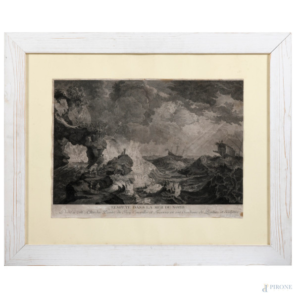 Jacques Bacheley (1712-1781), "Tempete dans la Mer du Nord" da Horace Vernet,  acquaforte, foglio cm 38,5x52, entro cornice, (segni di usura, tracce di umidità, segni di piegatura della carta e piccoli fori)