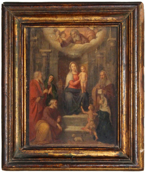 Scuola italiana XIX sec, Madonna col Bambino e Santi, olio su tela, 24x19 cm, entro cornice