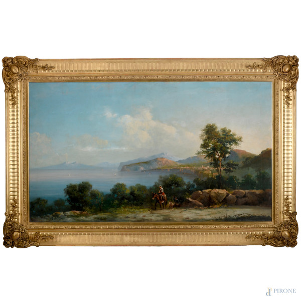 Veduta di Sorrento, olio su tela, XIX secolo, cm74x128, firmato in basso a sinistra, entro cornice, (difetti)