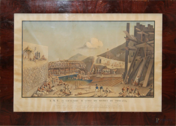 Pittore del XVIII sec., La costruzione, acquarello su carta, cm 49x82, entro cornice.