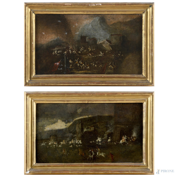 Coppia di dipinti ad olio su tela raffiguranti scene di battaglie, XVIII-XIX secolo, cm 23,5x40, entro cornice, (segni di usura, abrasioni, sollevamenti e cadute di colore, restauri)
