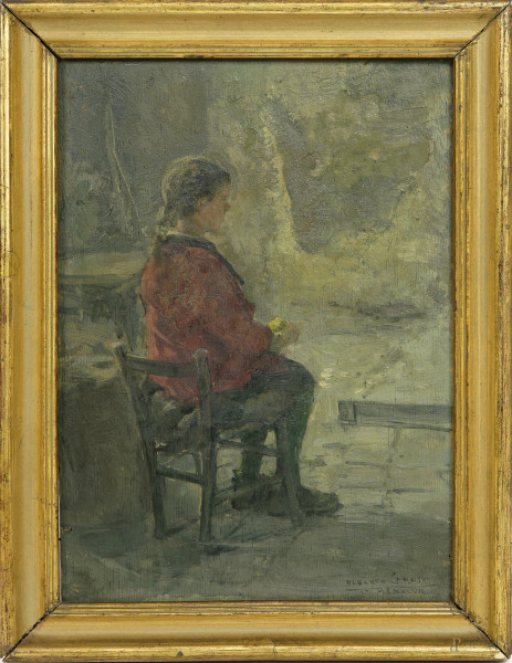 Alberto Carosi - Bambina seduta, olio su tavoletta, cm 28,5x20, firmato e datato "MCMXLVII" in basso a sinistra, entro cornice