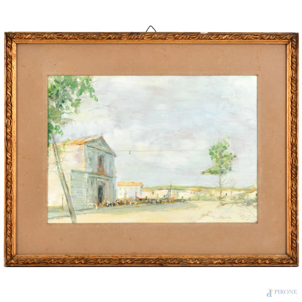 Processione, olio su compensato, cm 24,5x34, firmato e datato 1929 in basso a destra
