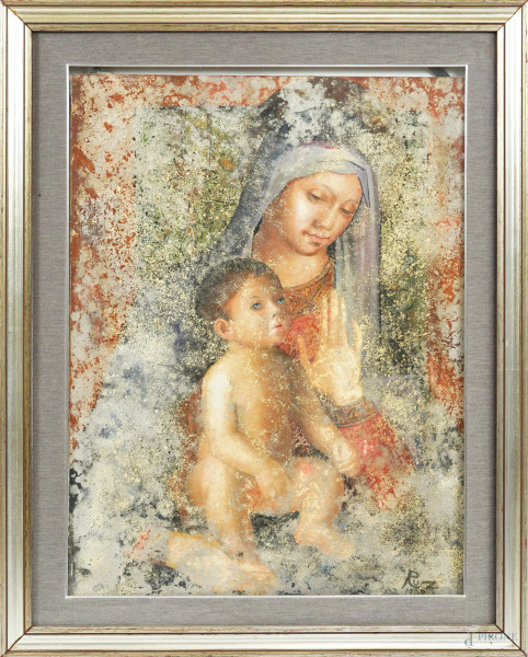 Madonna col Bambino, olio su tela, cm 80x60, firmato, entro cornice