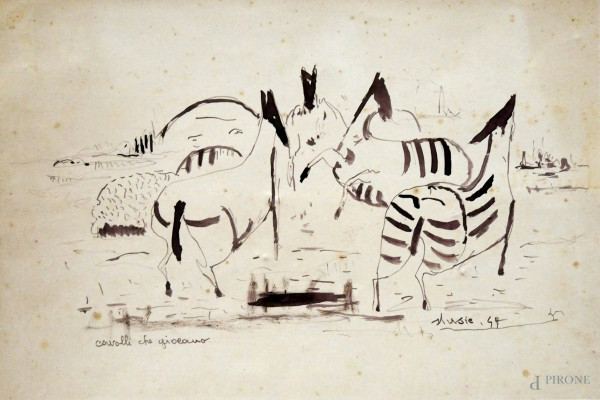 Cavalli che giocano e Alberi, lotto composto da due disegni a tecnica mista su cartoncino, cm 19x17 e cm 30x21, uno firmato in basso a destra, entro cornici, (macchie).