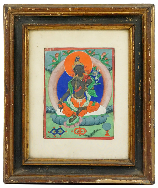 Tara - divinità tibetana, tempera su carta applicata su tela, cm 22x17, XX secolo, monogrammi a tergo, entro cornice.