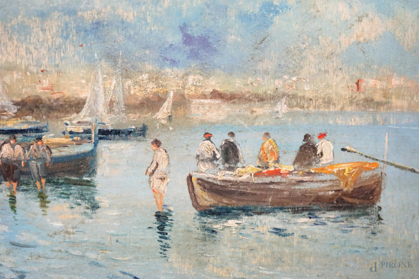 Spiaggia con figure, XIX secolo, olio su compensato, cm 22x40, firmato, entro cornice, (diifetti)