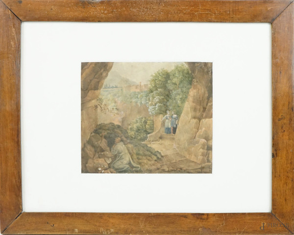 Paesaggio con figure all'eremo, acquarello su carta, cm 19x22, XIX secolo