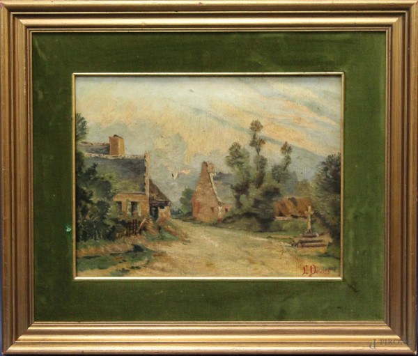 Paesaggio con case, olio su tela firmato, cm 40 x 30, entro cornice.
