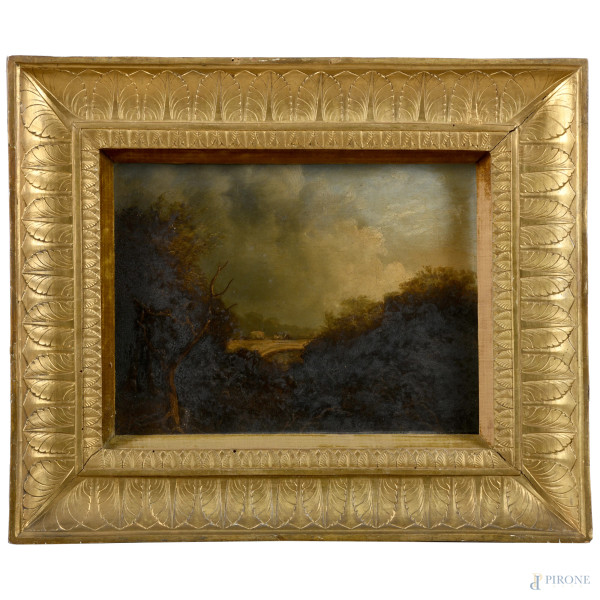 Paesaggio con ponte, XIX secolo, olio su tela, cm 26x38,5, entro cornice, (craquelure, abrasioni)