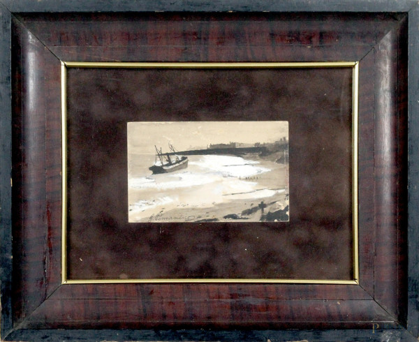 Marina con imbarcazione, acquarello su carta, cm. 9x14, a firma G. Pennasilico, entro cornice.