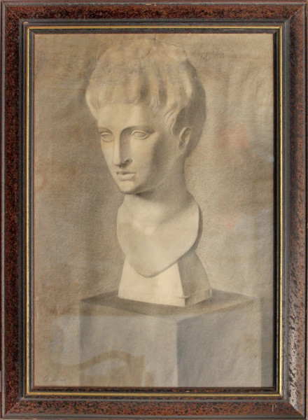 Busto, disegno a matita su carta firmato A. Savino, cm 63 x 42, entro cornice, difetti sulla carta.