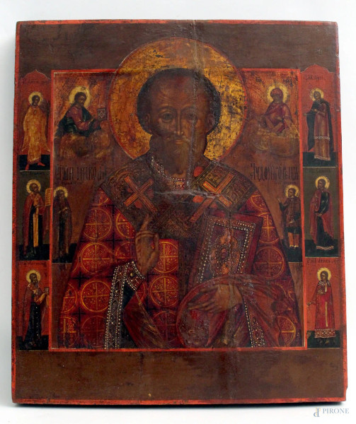 San Nicola, vita e miracoli, icona a tempera su tavola cm 44x38, Russia XIX sec.