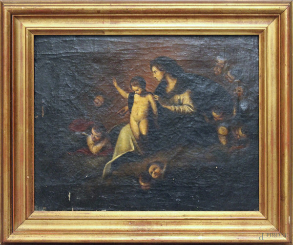 Scena religiosa, dipinto ad olio su tela, primi 900, cm 34 x 27, entro cornice.