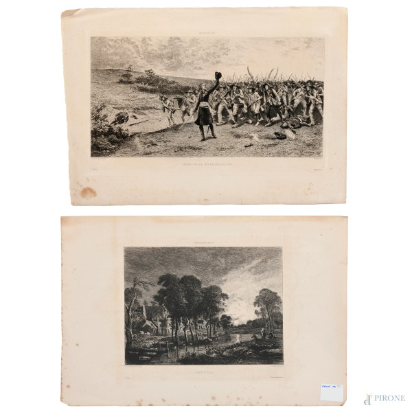 Lotto di due acqueforti da "L'Art",1860 /1870, misure massime foglio cm 29x42,5 (tracce di umidità, foxing, segni di usura)