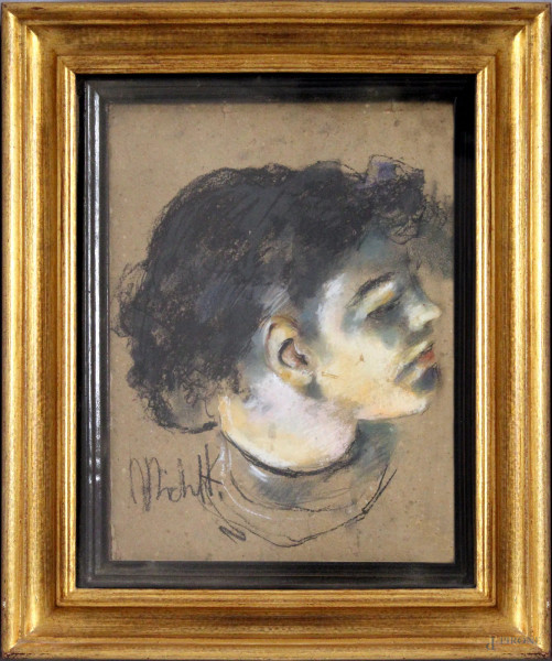 Profilo di donna, dipinto a pastello su cartoncino, firmato Michetti, cm 40 x 30, entro cornice.