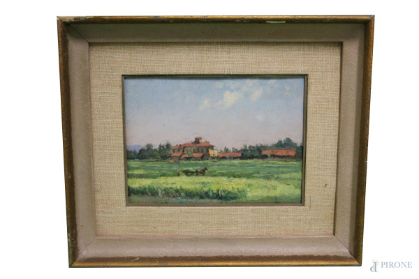 Paesaggio con casolare e contadino, olio su cartoncino, 14x20 cm