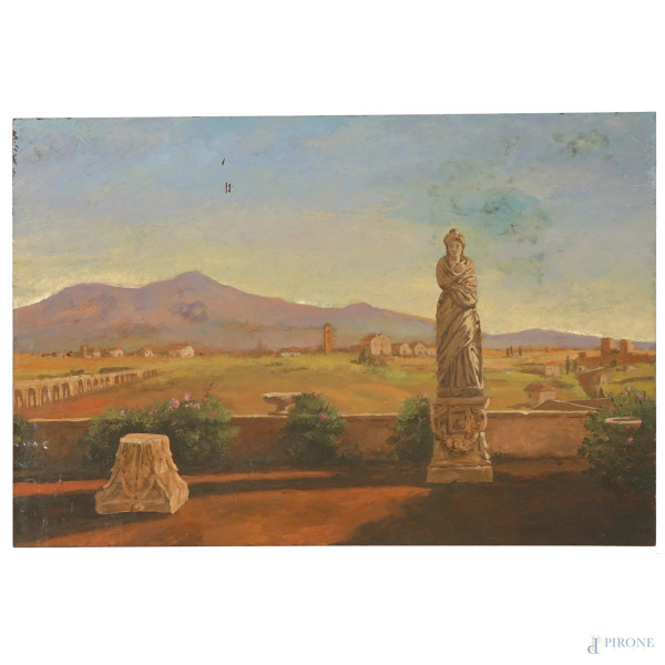 Veduta con acquedotto e resti archeologici, XX secolo, olio su rame, cm 22x33 (piccole cadute di colore)