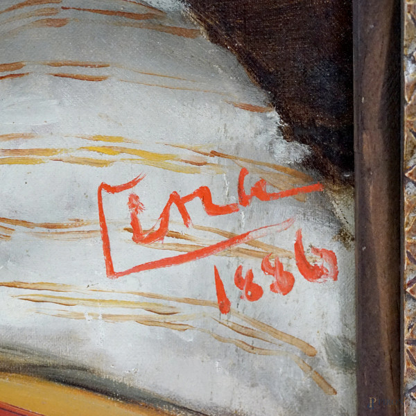 Donna orientale, olio su tela, cm 58,5x44, firmato e datato "1886" in basso a sinistra, entro cor...