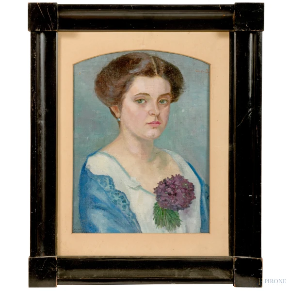 Ritratto di ragazza, XX secolo, olio su tela, cm 60,5x46,5 compreso passepartout, firmato in alto a destra, entro cornice