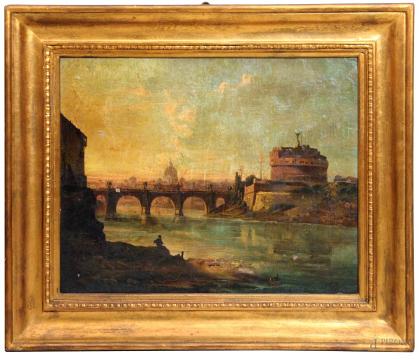 Vincenzo Giovannini - Ponte Sant'Angelo su sfondo San Pietro, olio su tela, 50x65 cm, entro cornice siglato e datato, (cadute di colore e restauri)