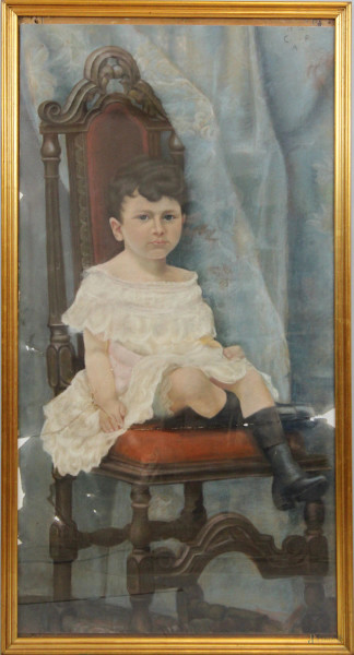 Carlo Alberto Petrucci - Ritratto di bambino, pastello su carta, cm 113x59, siglato e datato, (difetti sulla carta).