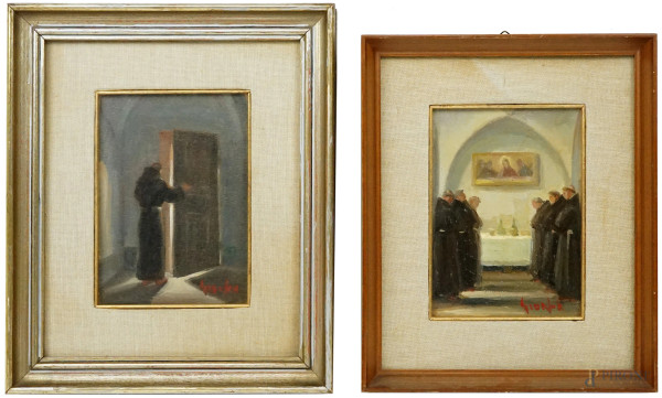 Ortensio Gionfra - Due dipinti ad olio su tela raffiguranti frate francescano e fratelli in preghiera, cm 18x13, entro cornici.