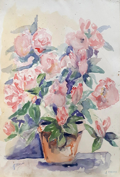 Antico acquarello su carta raffigurante Vaso con fiori, firmato G. Marini, cm 45x30