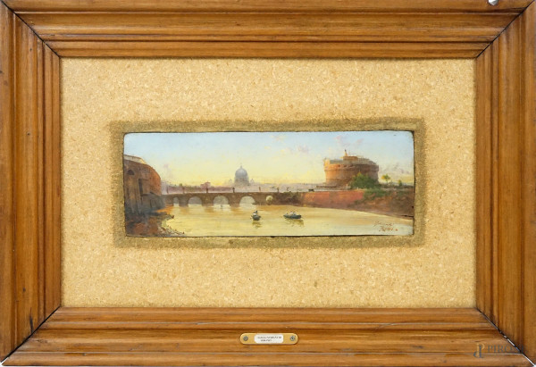 Federico Schianchi - Veduta di Roma con S. Pietro e Castel Sant'Angelo, olio su tavola, cm 12,5x34, entro cornice.